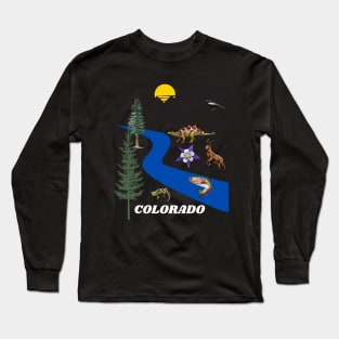 COLORADO SUN MOUNTAINS BLUE SPRUCE STREAMS AND COLUMBINE, BIGHORN SHEEP, LARK BUNTING, STEGOSAURS, WESTERN TIGER SALAMANDER, AND GREENBACK CUTTHROAT TROUT Long Sleeve T-Shirt